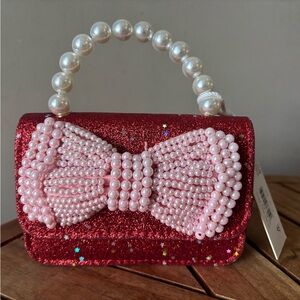 NWT Special Occasion Pearl Bow & Handle Red Glitter Crossbody Handbag 6”x4”